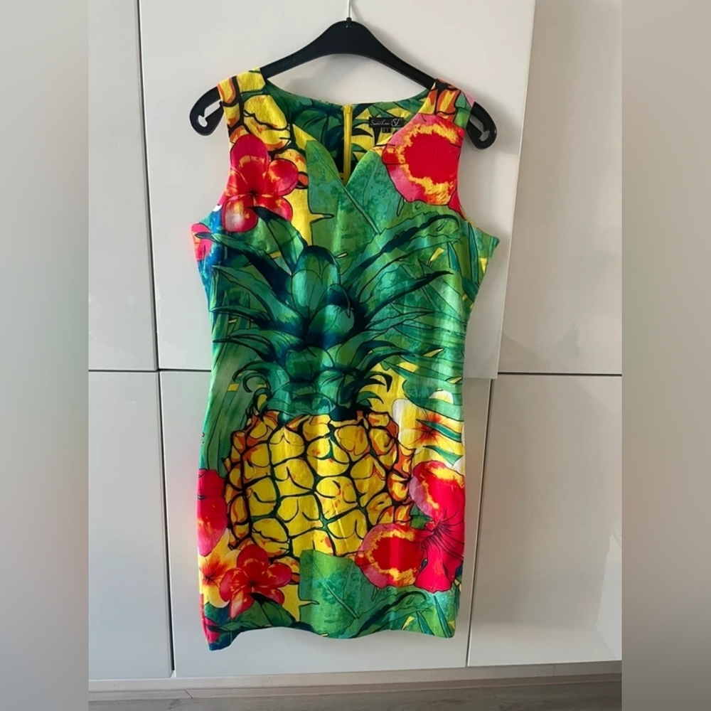 Tropical Pineapple Floral Dress - Bright Green, Yellow & Pink